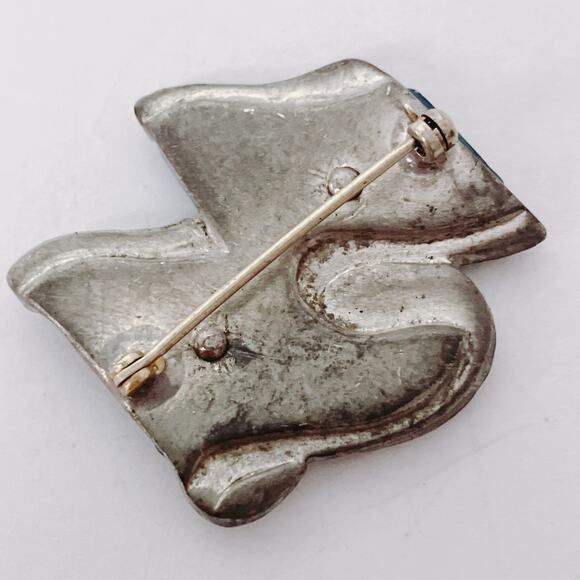 Vintage 1930s Art Deco Silver Tone Brooch w Rhinestones & Blue Galalith - Picture 8 of 14